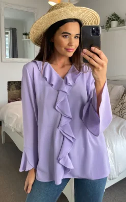 Best reviews of 🧨 HOXTON GAL Oversized Crepe Top With Frilled Front In Lilac 👍