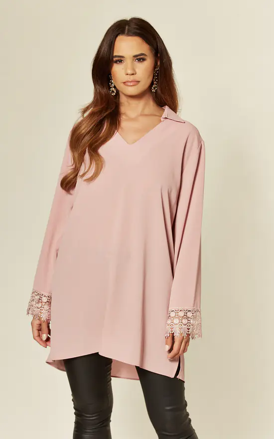 Cheapest ๐ HOXTON GAL Pink Oversized Tunic With Lace Detail Relaxed Fit โค๏ธ