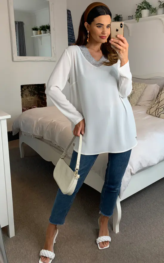 Discount ⭐ HOXTON GAL Oversized Top With Sequin Detail In White ⌛ - Image 2