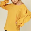 Top 10 ❤️ HOXTON GAL Crepe Mustard Oversized Top Ruffle Sleeve Relaxed Fit Blouse ❤️