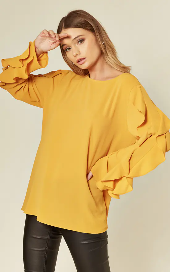 Top 10 ❤️ HOXTON GAL Crepe Mustard Oversized Top Ruffle Sleeve Relaxed Fit Blouse ❤️