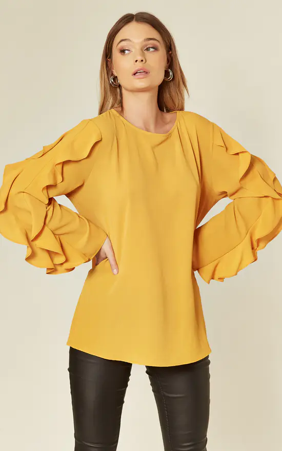 Top 10 ❤️ HOXTON GAL Crepe Mustard Oversized Top Ruffle Sleeve Relaxed Fit Blouse ❤️ - Image 2