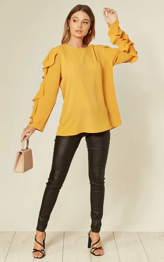 Top 10 ❤️ HOXTON GAL Crepe Mustard Oversized Top Ruffle Sleeve Relaxed Fit Blouse ❤️ - Image 3