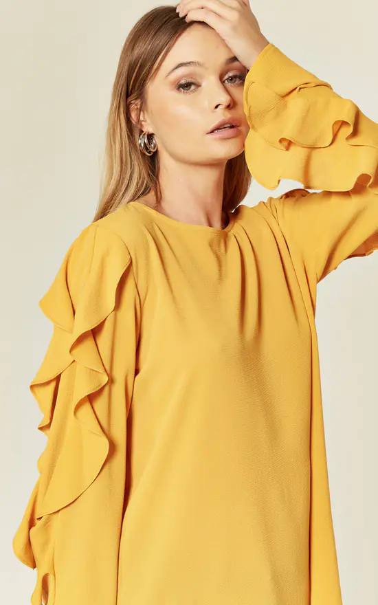 Top 10 ❤️ HOXTON GAL Crepe Mustard Oversized Top Ruffle Sleeve Relaxed Fit Blouse ❤️ - Image 4