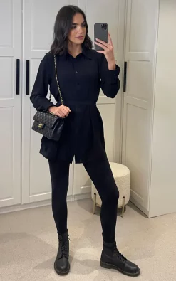 Wholesale 😀 HOXTON GAL Oversized Long Slevees Pleated 👕 Shirt Top With Matching Belt In Black 🥰