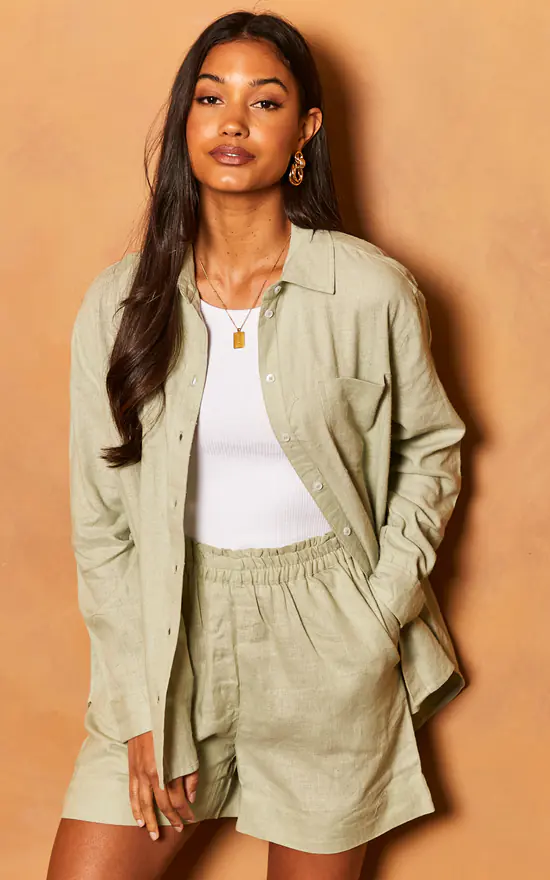 Discount ๐ ONLY Long Sleeve Linen ๐ Shirt In Khaki ๐