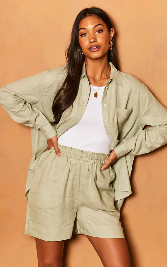 Discount ๐ ONLY Long Sleeve Linen ๐ Shirt In Khaki ๐ - Image 3