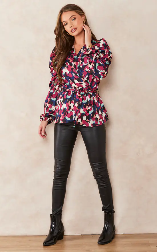 Hot Sale ๐ Jenerique Long Sleeve Wrap Satin Top In Burgundy Geometrical Print โญ - Image 2