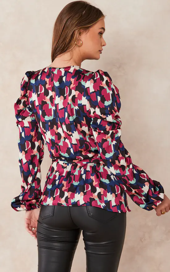 Hot Sale ๐ Jenerique Long Sleeve Wrap Satin Top In Burgundy Geometrical Print โญ - Image 4