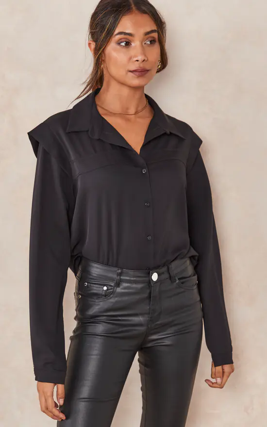 Best reviews of ✨ HOXTON GAL Oversized Shoulder Detailed Long Sleeves 👚 Shirt In Black ❤️ - Image 2