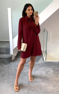 Wholesale ⭐ HOXTON GAL Oversized Tie Detailed Tunic 👚 Shirt With Long Sleeves In Burgundy 🔔