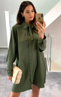 Brand new 👏 HOXTON GAL Oversized Tie Detailed Tunic 👚 Shirt With Long Sleeves In Khaki ⌛