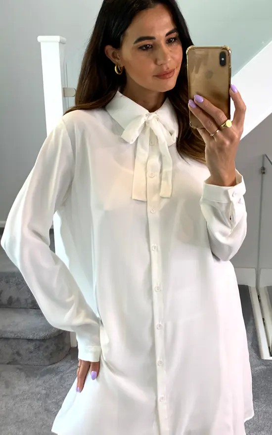 Discount ๐ HOXTON GAL Oversized Tie Detailed Tunic ๐ Shirt With Long Sleeves In White ๐ - Image 3