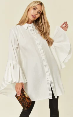Best Sale 🌟 CY Boutique Oversized 👚 Shirt With Frilled Sleeves And Mesh Back In White 😉