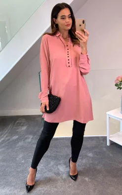 Wholesale ✔️ HOXTON GAL Tunic 👕 Shirt With Button Details In Pink 🎁
