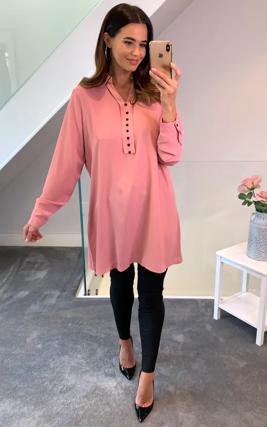 Wholesale ✔️ HOXTON GAL Tunic 👕 Shirt With Button Details In Pink 🎁 - Image 2