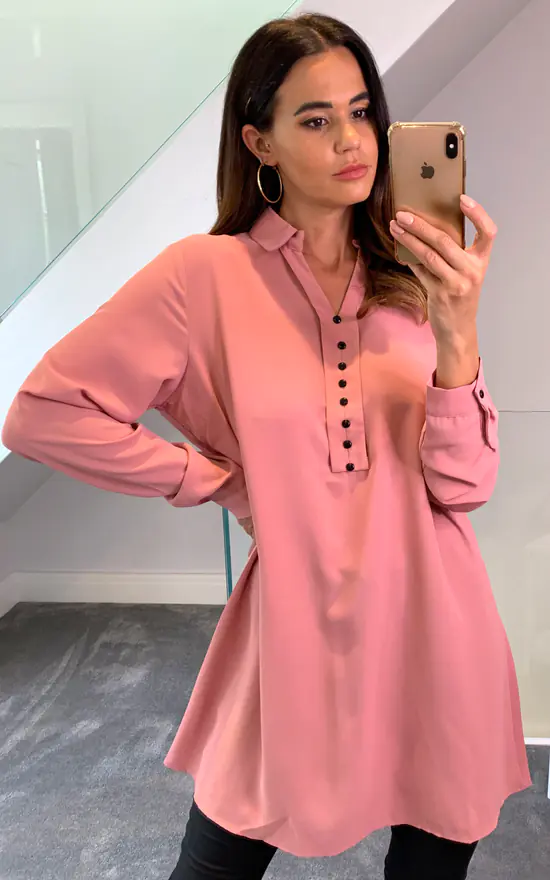 Wholesale ✔️ HOXTON GAL Tunic 👕 Shirt With Button Details In Pink 🎁 - Image 3