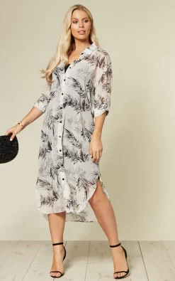 Wholesale 🛒 CY Boutique Long Sleeve Chiffon 👕 Shirt In White And Black Feather And Leaf Print 🎁