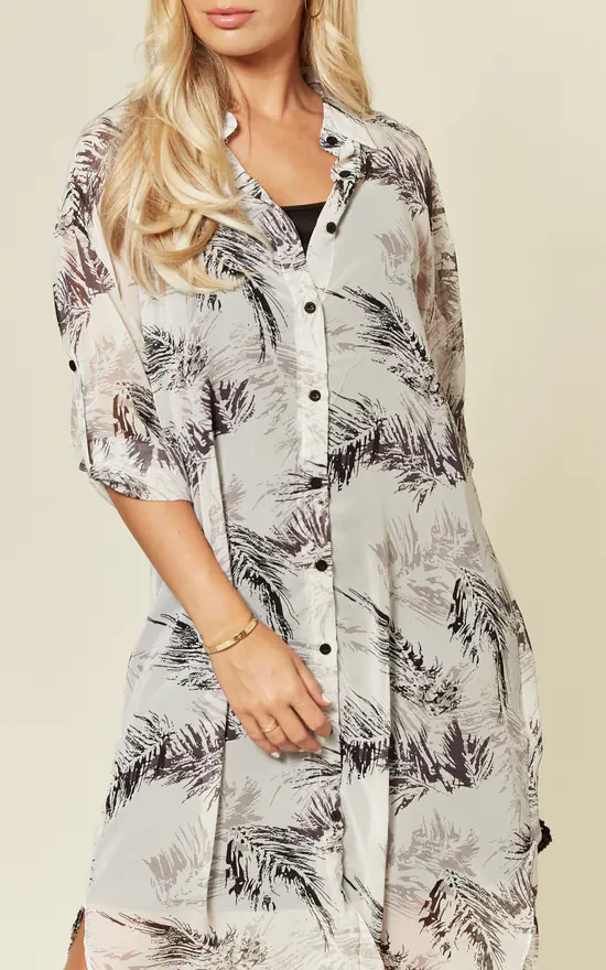 Wholesale 🛒 CY Boutique Long Sleeve Chiffon 👕 Shirt In White And Black Feather And Leaf Print 🎁 - Image 2