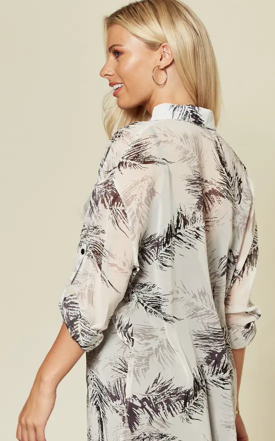 Wholesale 🛒 CY Boutique Long Sleeve Chiffon 👕 Shirt In White And Black Feather And Leaf Print 🎁 - Image 4