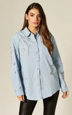 Wholesale 🌟 LOES House Denim Blue Ripped 👚 Shirt With Diamantes 💯