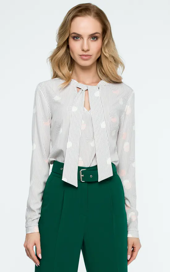 Coupon 💯 MOE Grey Stripe Patterned Tie Bow Long Sleeve Blouse 👍 - Image 2