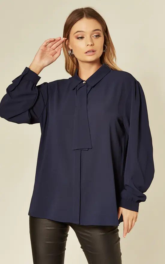 Flash Sale 👍 HOXTON GAL Navy Tie Neck Oversize 👚 Shirt 😀