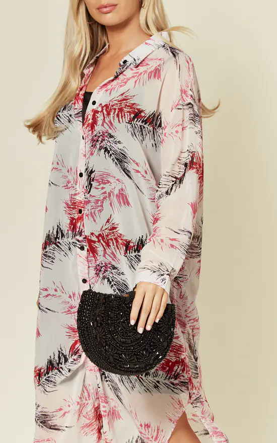Discount ๐ CY Boutique Long Sleeve Chiffon ๐ Shirt In White And Pink Feather And Leaf Print ๐ - Image 4