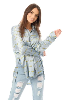 Top 10 😀 LOES House Oversized Chain Print 👚 Shirt In Powder Blue 💯