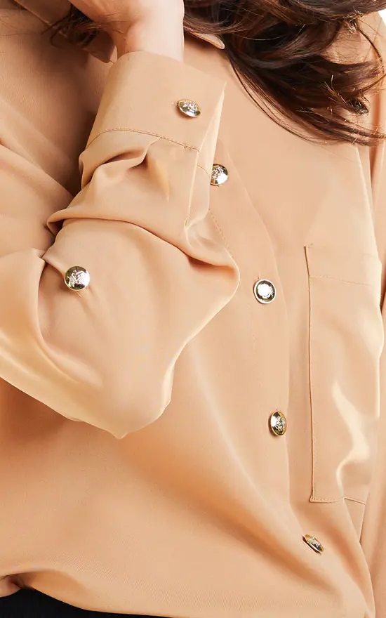 Brand new ๐ AWAMA Trendy ๐ Shirt With Long Sleeves And Decorative Buttons In Camel ๐ - Image 4