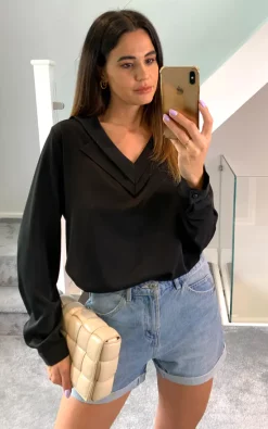 Best deal 🌟 HOXTON GAL Oversized Detailed Collar Blouse With Long Sleeves In Black 👏