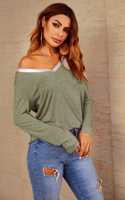 Discount 🔔 FS Collection Long Sleeves Silver Trim Simple Style T 👕 Shirt Top In Olive Green 🛒