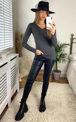 Discount 💯 Aftershock London V Neck Long Sleeve Top In Charcoal 😉