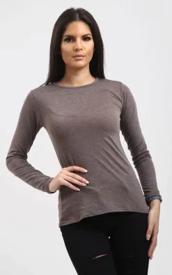 Deals 🌟 Oops Fashion Aria Long Sleeve Plain T 👕 Shirt In Mocha ❤️