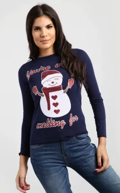 Outlet 🔔 Oops Fashion Navy 🎁 Christmas T 👕 Shirt In Snowman Print ✔️