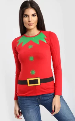 Discount ⭐ Oops Fashion 👩 Women's 🎅 Christmas Elf Print Long Sleeve T 👚 Shirt In Red ❤️
