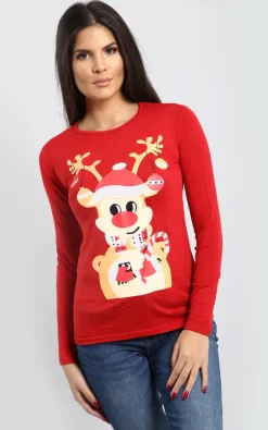 Best deal 💯 Oops Fashion Holly ❄ Christmas Reindeer Print Long Sleeve T 👚 Shirt In Red ✨