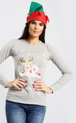 Top 10 🤩 Oops Fashion Elsie 🎁 Christmas Reindeer T 👚 Shirt In Grey 👏
