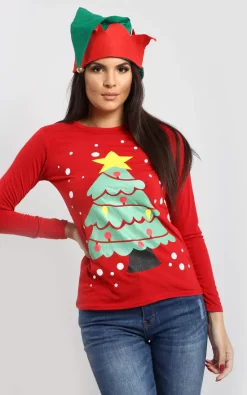 Outlet ❤️ Oops Fashion Elsie ❄ Christmas Tree & Stars Print Long Sleeve T 👕 Shirt In Red 😍