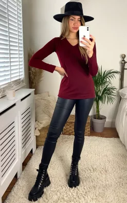 Deals 🎁 Aftershock London V Neck Long Sleeve Top In Wine 🔔