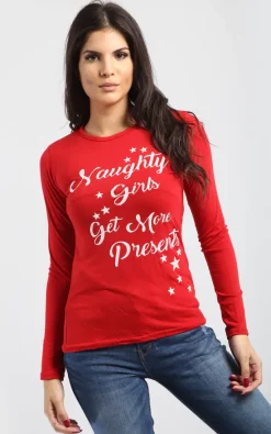 Best Pirce ⭐ Oops Fashion 🎄 Christmas Naughty 👧 Girls Get Presents Long Sleeve T 👕 Shirt In Red ✔️