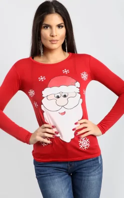 Wholesale 🎉 Oops Fashion Ruby ❄ Christmas Snowflake Santa Print Long Sleeve T 👕 Shirt In Red 🔥