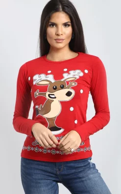 Cheapest 😍 Oops Fashion Eva ❄ Christmas Dancing Reindeer Print Long Sleeve T 👚 Shirt In Red ✨