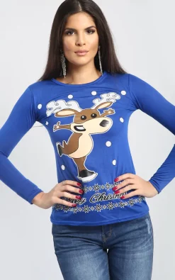 Cheap 😉 Oops Fashion Eva 🎅 Christmas Dancing Reindeer Print Long Sleeve T 👕 Shirt In Royal Blue 🌟
