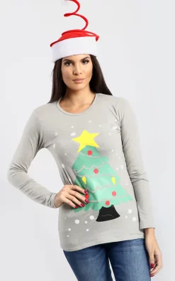Coupon 💯 Oops Fashion Elsie 🎅 Christmas Tree & Stars Print Long Sleeve T 👚 Shirt In Grey 🎉