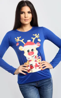 Promo ✨ Oops Fashion Holly 🔔 Christmas Reindeer T 👕 Shirt In Blue 👍