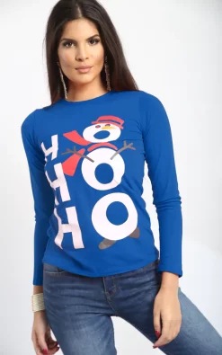 New ⭐ Oops Fashion Bella ❄ Christmas Hohoho Snowman Hat Print T 👕 Shirt In Royal Blue 🤩