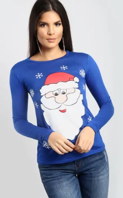 Discount 😉 Oops Fashion Ruby 🎄 Christmas Snowflake Santa Print Long Sleeve T 👚 Shirt In Royal Blue 🤩