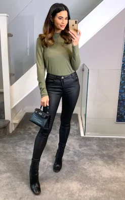 Coupon 😍 Pieces Long Sleeved Ribbed Top In Khaki 🧨
