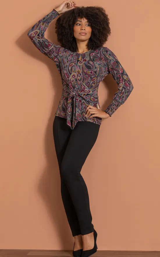 Discount ๐ Klass Tie Front Paisley Print Jersey Top Black/Red โ